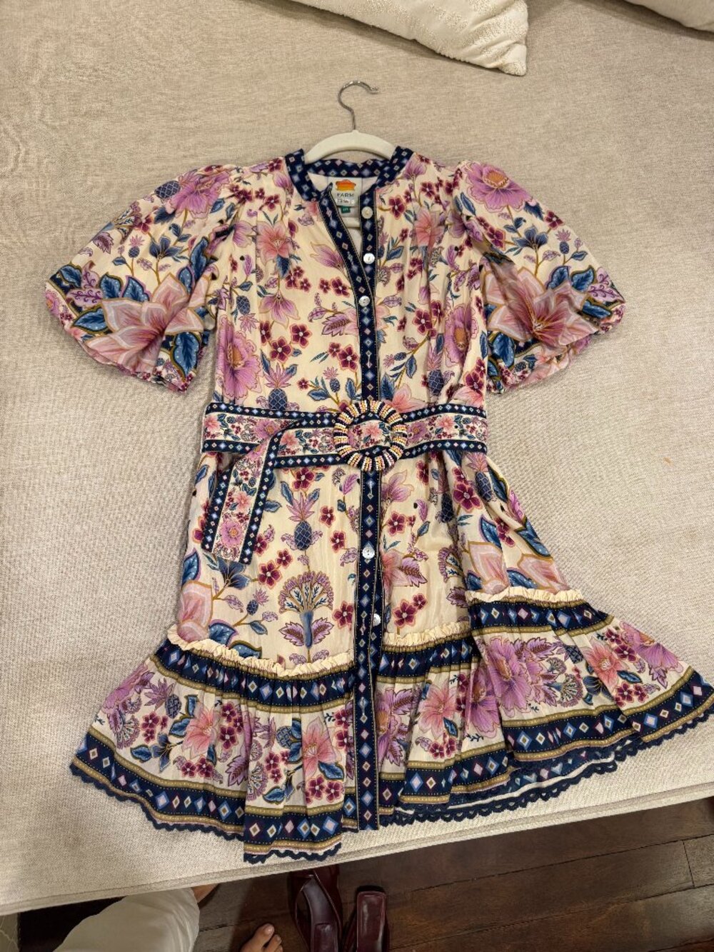 Farm Rio Floral Puff Sleeve Mini Dress Cream Pink Blue XXS